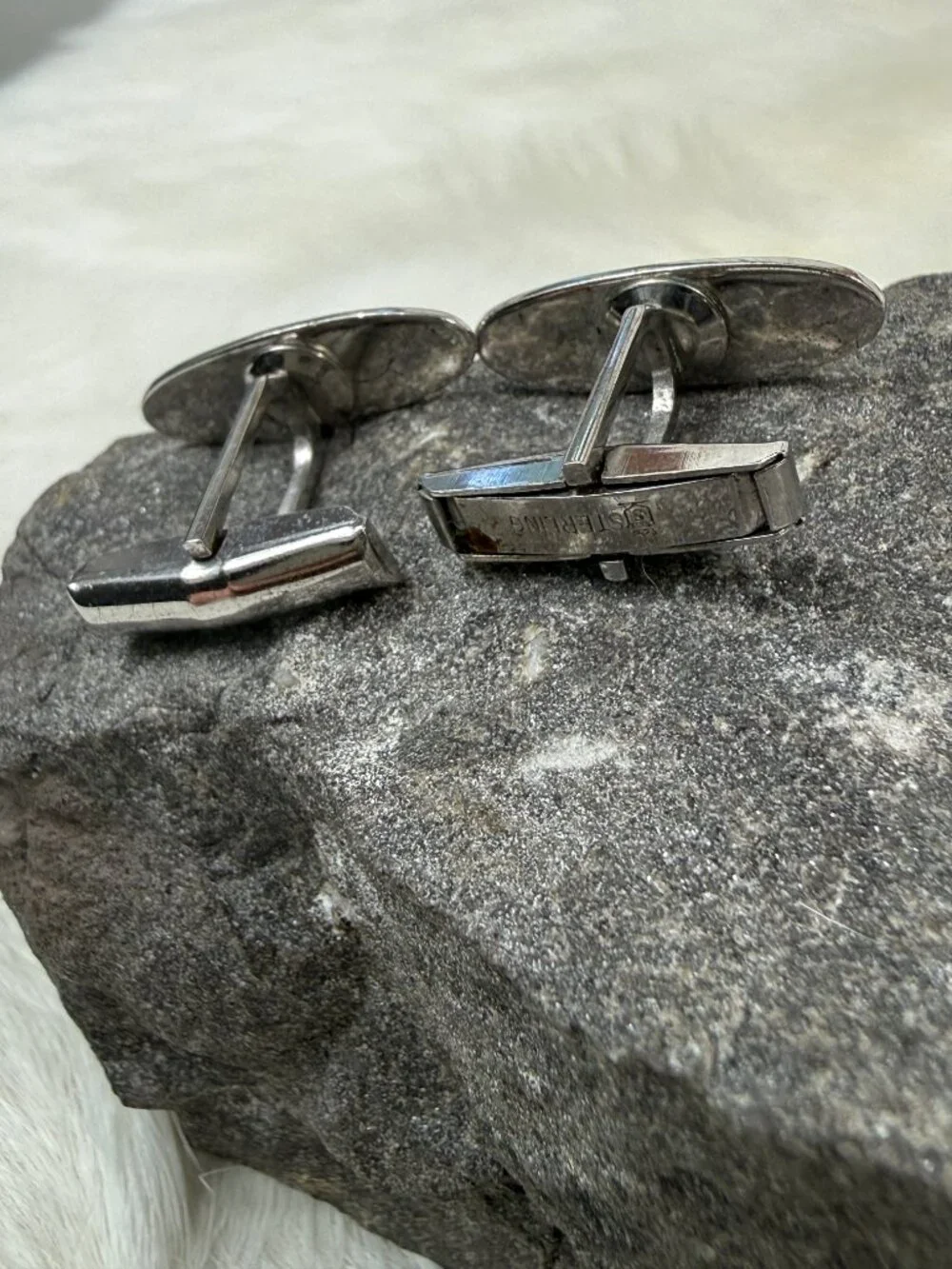 Vintage Sterling Silver Etched Oval Men's Cuff Links  1
